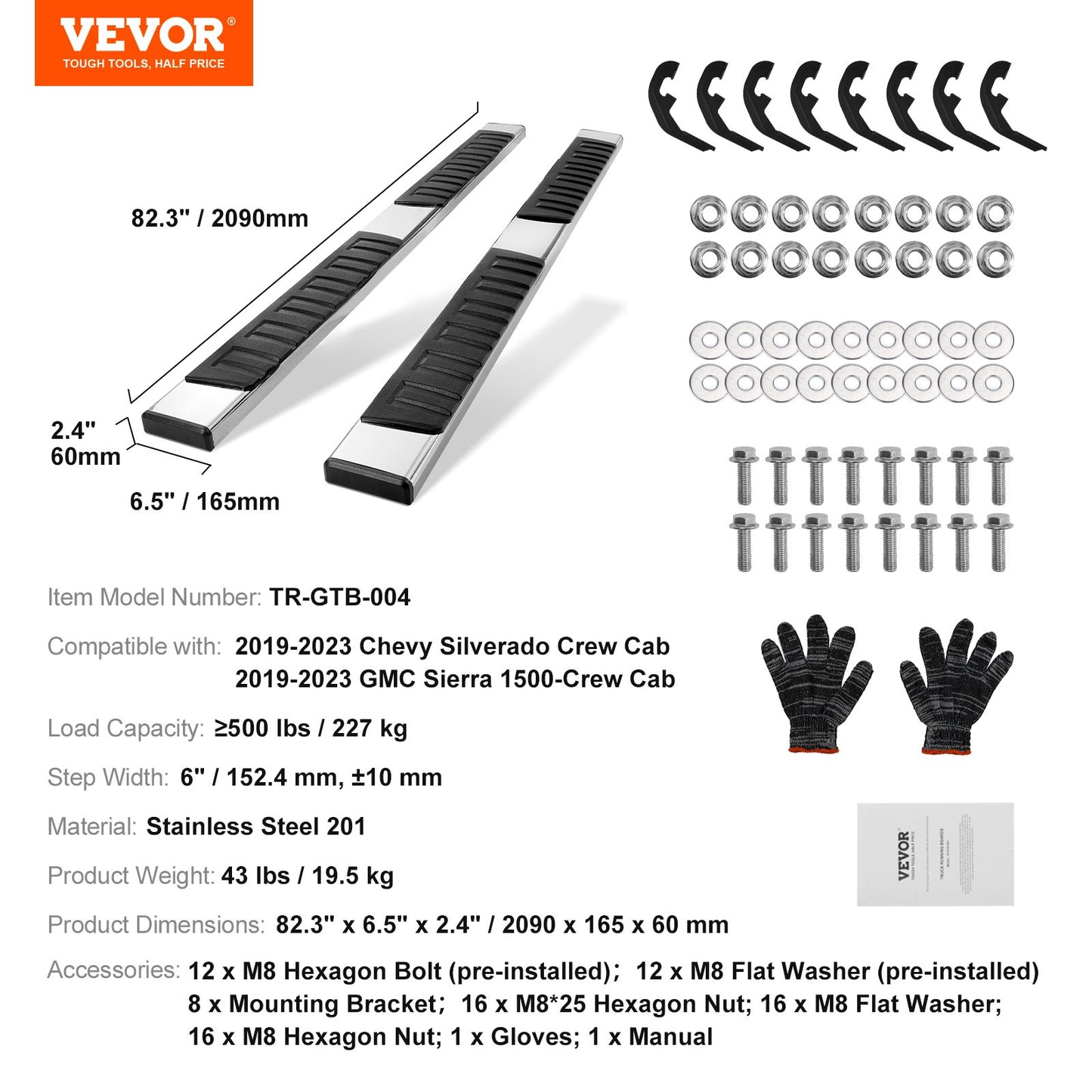 Löpbrädor, 6" stegstänger kompatibla med 2019-2023 Chevy Silverado/GMC Sierra 1500/2020-2024 Silverado/Sierra 2500/3500HD Crew Cab, 201 rostfria sidosteg Nerf-stänger, 2 stycken, 500 LBS
