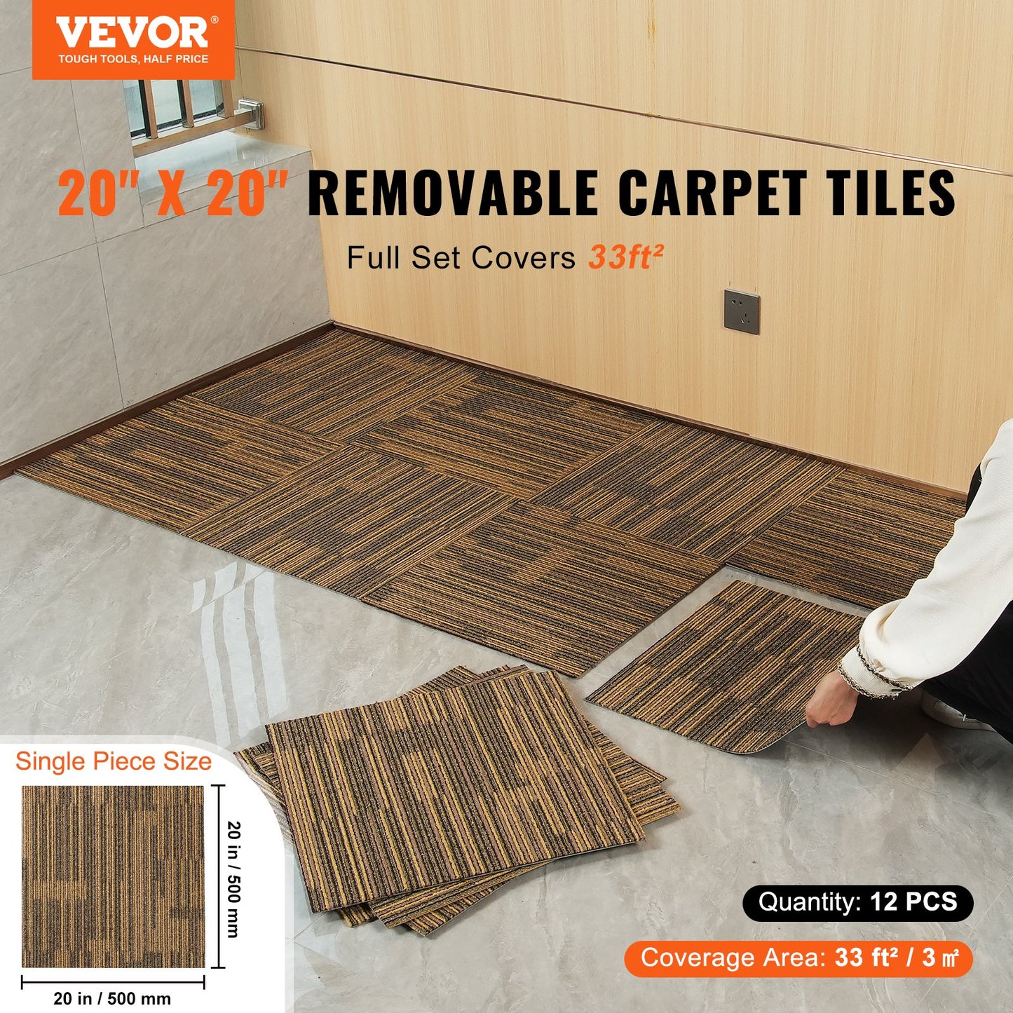 Carpet Tiles Reusable, 20" x 20" Carpet Tiles with Padding Attached, Soft Padded Carpet Tiles, Easy Install DIY for Living Room Bedroom (12 Tiles, Mixed Brown)