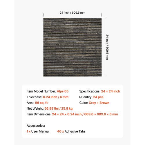 Mattplattor Återanvändbara 610x610 mm, 24 ST Modulär Matta Fyrkantig Matta, Kommersiell Golv Mjuk Vaddering För Sömlöst Överdrag 8,9㎡, Enkelt Gör-det-själv-Ersättning För Vardagsrum Sovrum Inomhus, Grå & Brun | EU