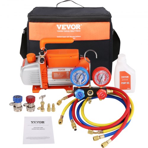 1/5 PS 3,5 CFM AC-Vakuumpumpe und Manometer, einstufige Drehschieber-HVAC-Luftvakuumpumpe, A/C-Kältemittel-Kit, Verteilermanometer, mit dreifarbigem Schlauch, Tragetasche, anwendbar auf R134a, R410a | EU