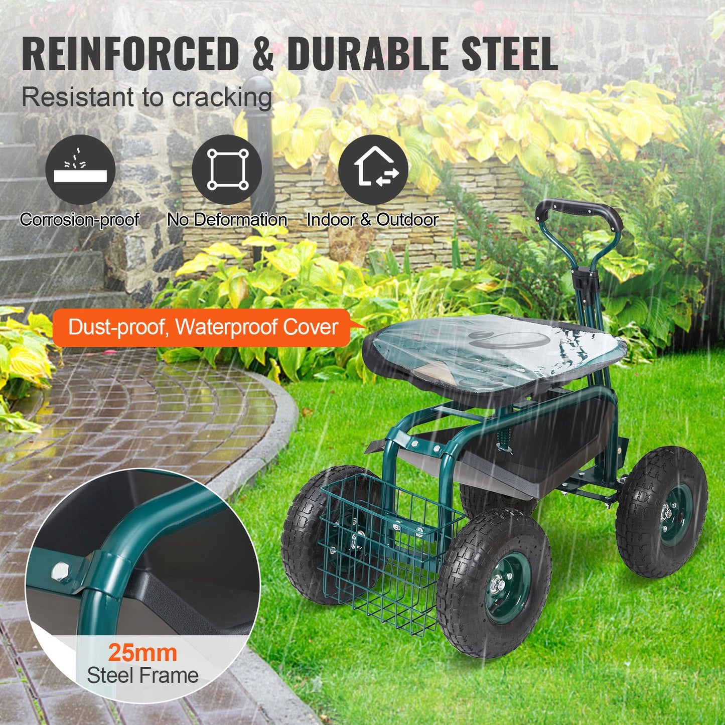 Garden Cart Rolling Work Seat with Wheels, Garden Stool for Planting, 360 Degree Swivel Seat, Cart Scooter with Steering Handle and Tool Tray, Used for Patio, Garden and Outdoors, Green