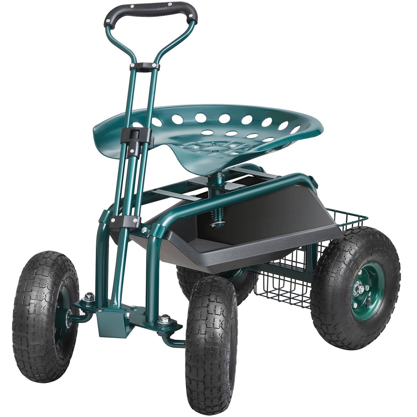Garden Cart Rolling Work Seat with Wheels, Garden Stool for Planting, 360 Degree Swivel Seat, Cart Scooter with Steering Handle and Tool Tray, Used for Patio, Garden and Outdoors, Green