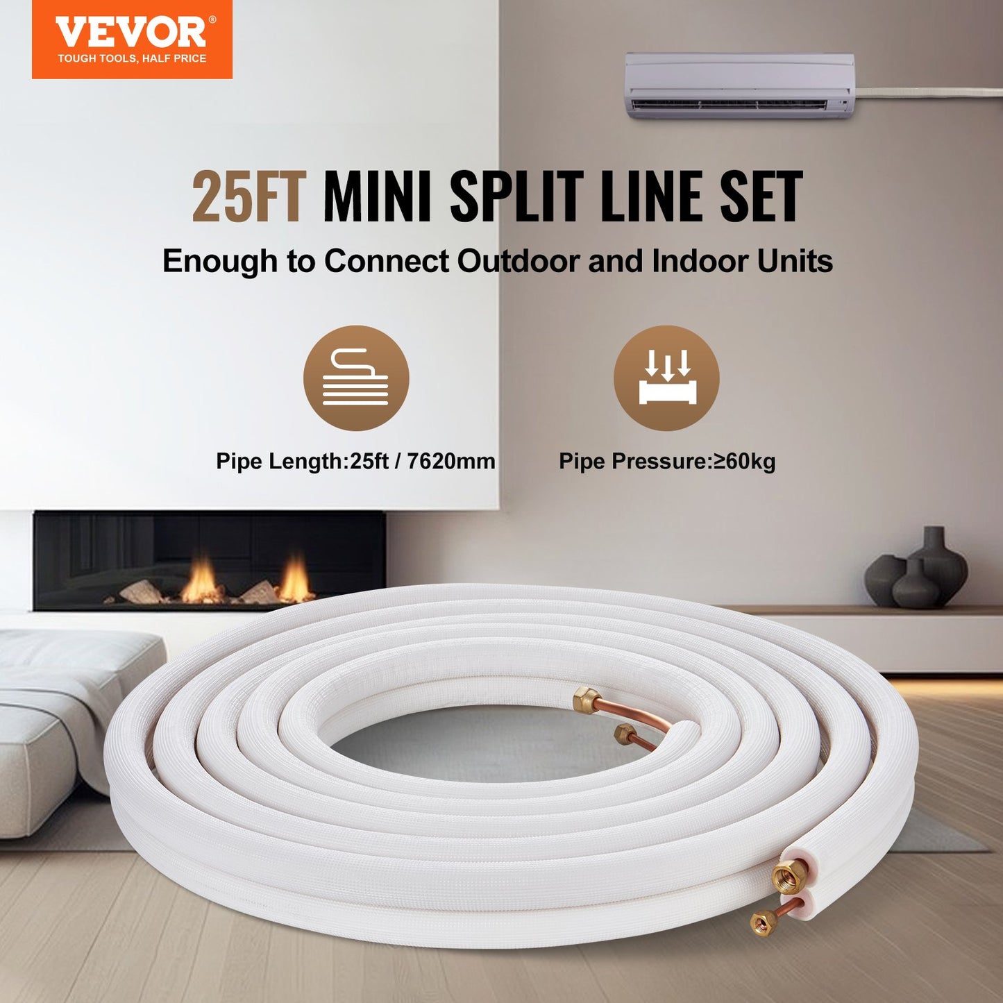 Mini Split Line Set 6,4x9,5 x7620mm Kopparslang AC med anslutningskabel