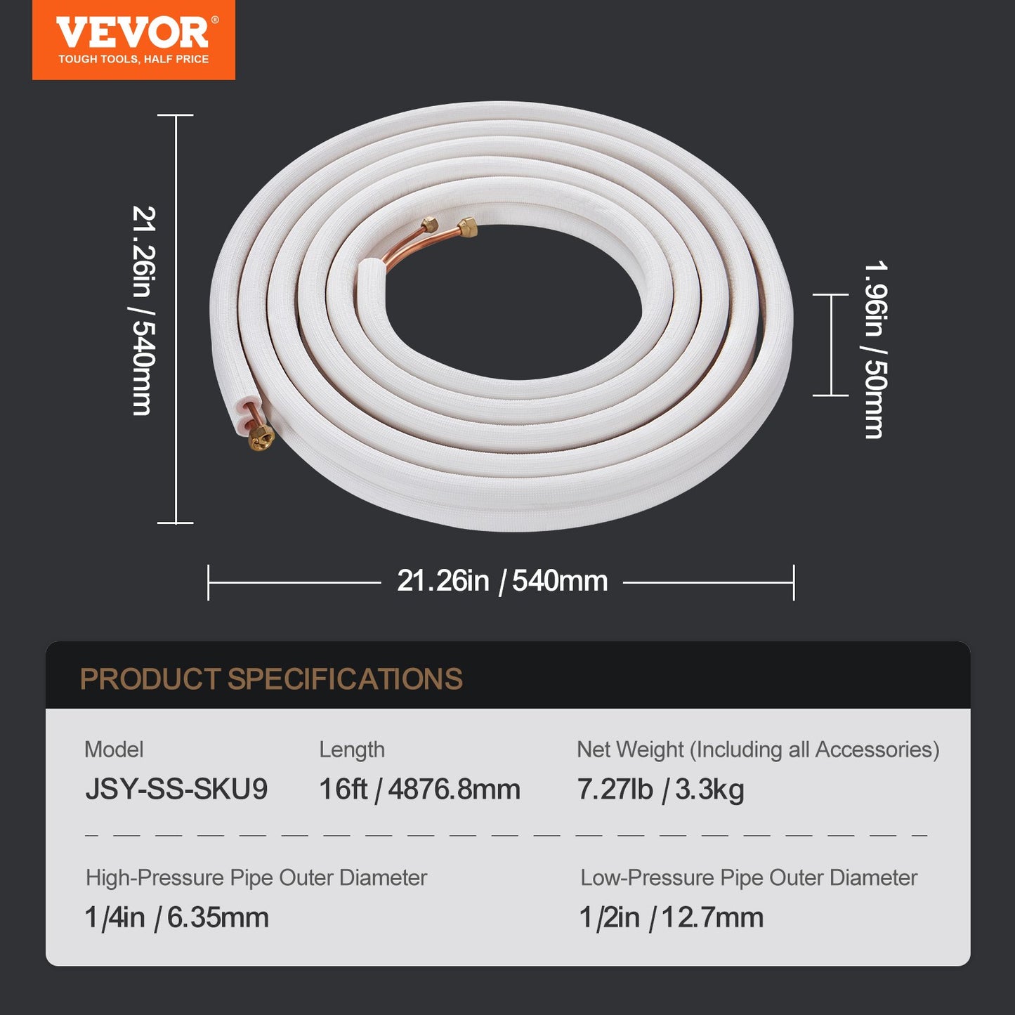 Mini Split Line Set 6,4x12,7mm x4876,8mm Kopparslang AC med anslutningskabel