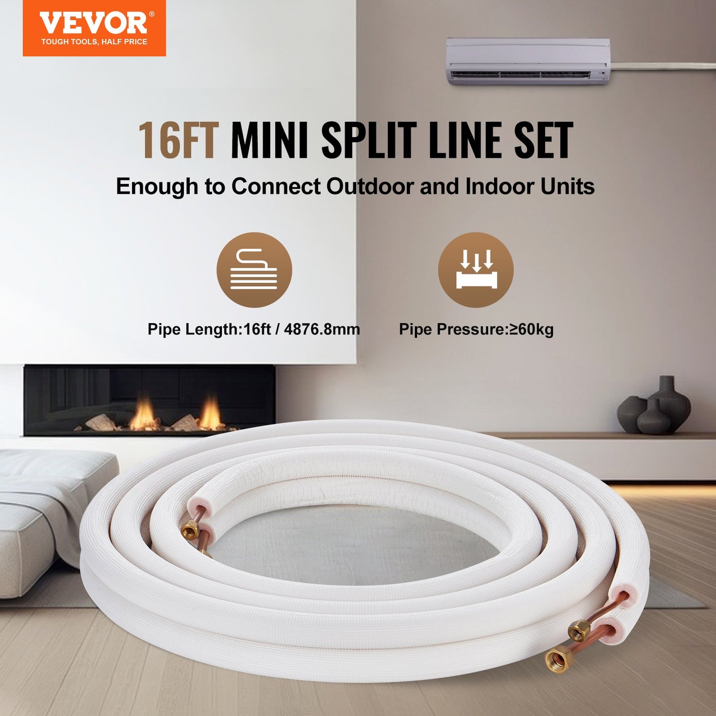 Mini Split Line Set 6,4x9,5 x4876,8mm Kopparslang AC med anslutningskabel