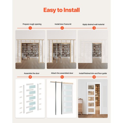 Skjutdörr i fickformat, 915 x 2035 mm, 5-liters enkel skjutdörr i frostat glas med beslag, robusta fickdörrar i massivt trä och MDF med vattentät yta för sovrum, kök, arbetsrum | EU