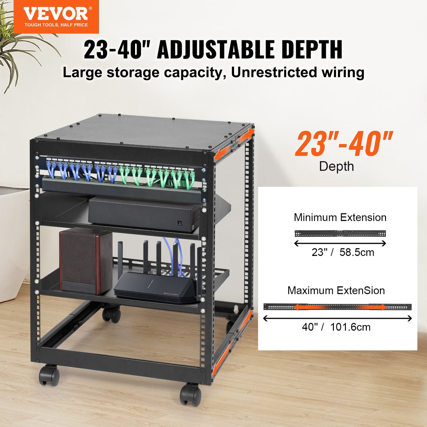 12U Open Frame Server Rack, 15''-40'' einstellbare Tiefe, freistehend oder zur Wandmontage Netzwerk-Server-Rack, 4-Pfosten-AV-Rack mit Rädern, hält alle Ihre Netzwerk-IT-Geräte AV-Ausrüstung Router Modem