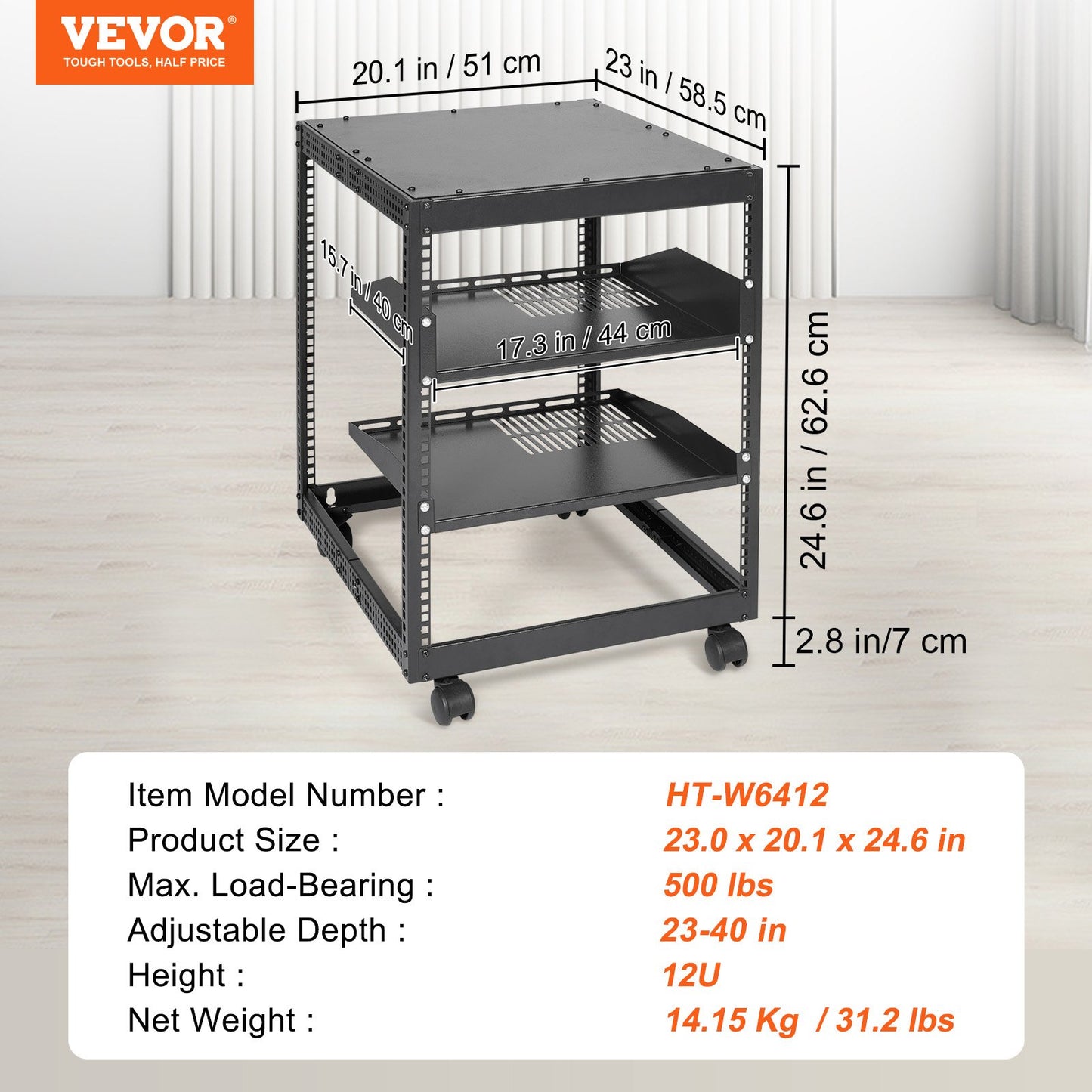 12U Open Frame Server Rack, 15''-40'' einstellbare Tiefe, freistehend oder zur Wandmontage Netzwerk-Server-Rack, 4-Pfosten-AV-Rack mit Rädern, hält alle Ihre Netzwerk-IT-Geräte AV-Ausrüstung Router Modem
