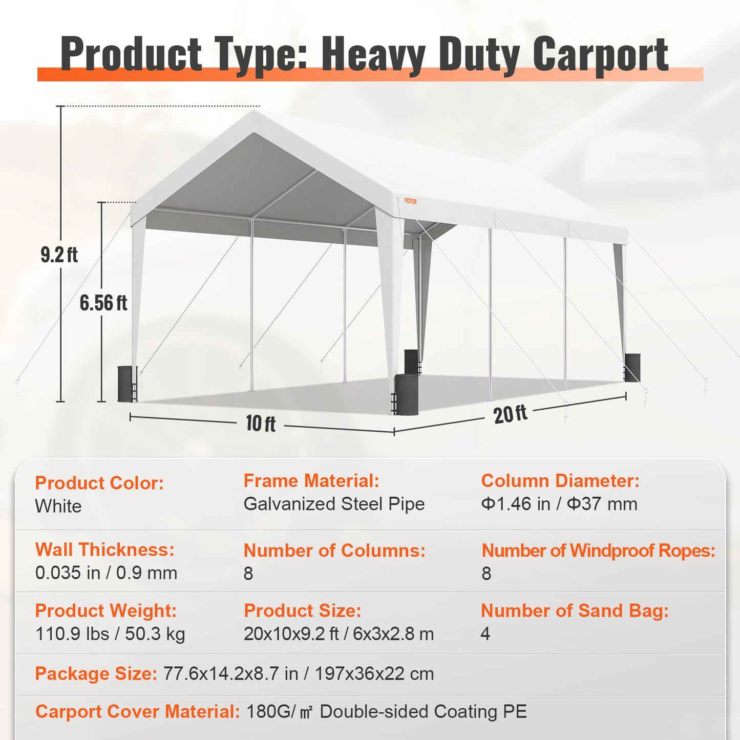 Carport, 10 x 20 Fuß, robustes Auto-Überdach, Garage, Bootsunterstand, Partyzelt mit 8 verstärkten Stangen und 4 Gewichtstaschen, UV-beständige, wasserdichte Plane für SUV, F150, Auto, LKW, Boot