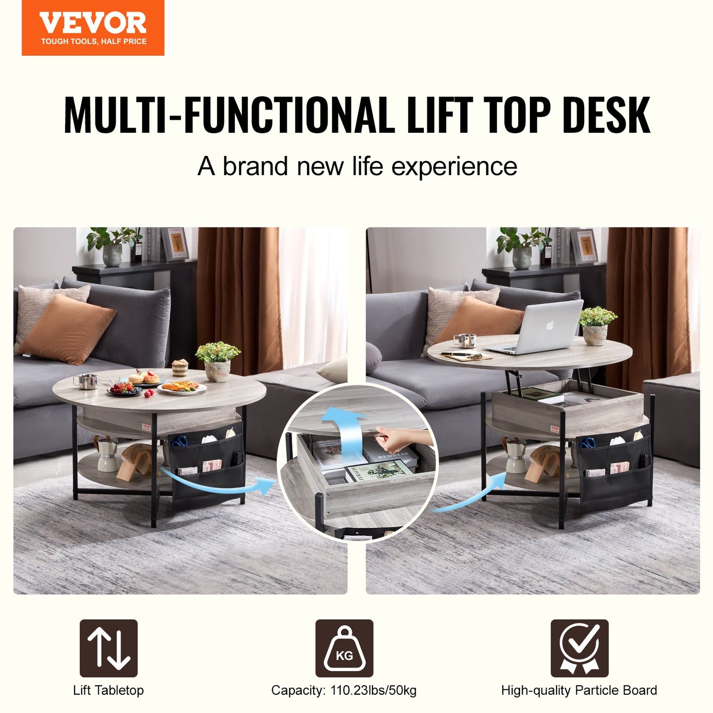 Lift Top Soffbord 35,3" Runt Soffbord för Vardagsrum Vit
