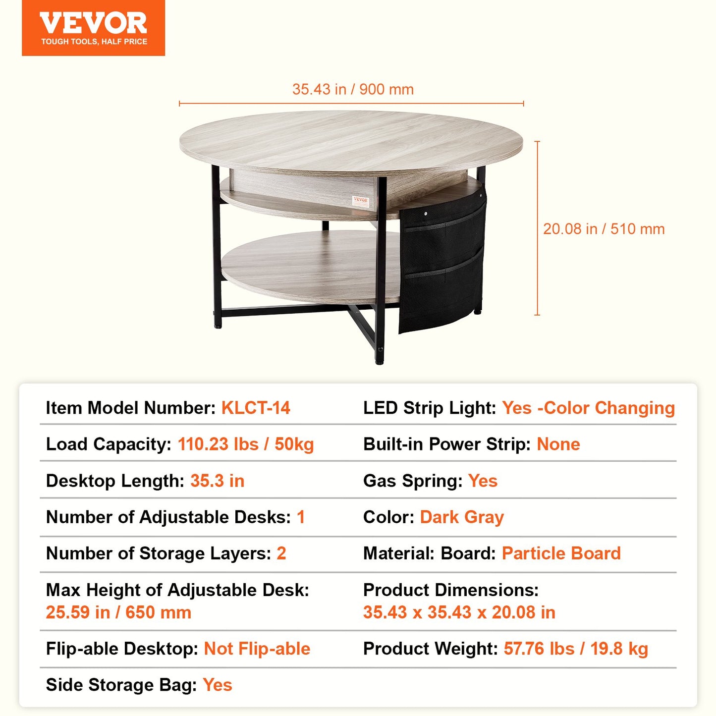 Lift Top Soffbord 35,3" Runt Soffbord för Vardagsrum Vit