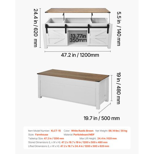 1200 mm lyftbart soffbord i lantlig stil, rustikt mittbord med ladugårdsdörr och dolt förvaringsfack, modern rektangulär lyftbar bordsskiva för vardagsrum, kontor, hem, enkel montering, vit | EU