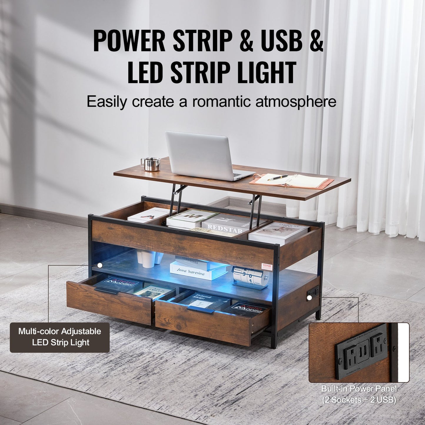 Lift Top Soffbord 39,4" rektangulärt soffbord med ljus & USB Brun