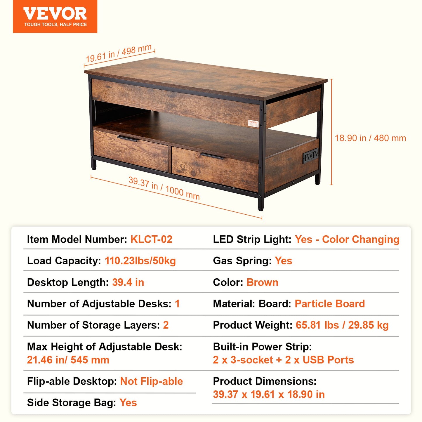 Lift Top Soffbord 39,4" rektangulärt soffbord med ljus & USB Brun