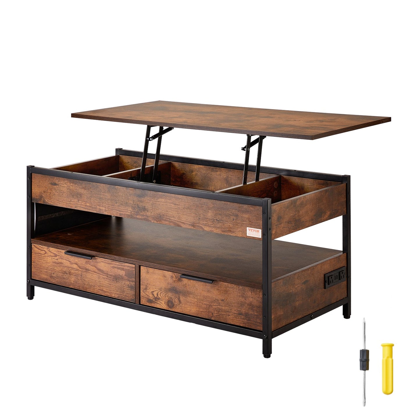 Lift Top Soffbord 39,4" rektangulärt soffbord med ljus & USB Brun