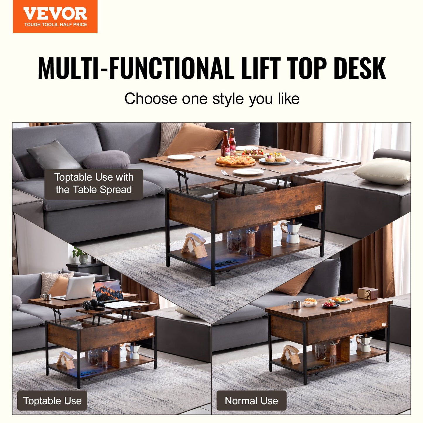 Lift Top Soffbord 39,4" rektangulärt soffbord med ljus & USB Brun