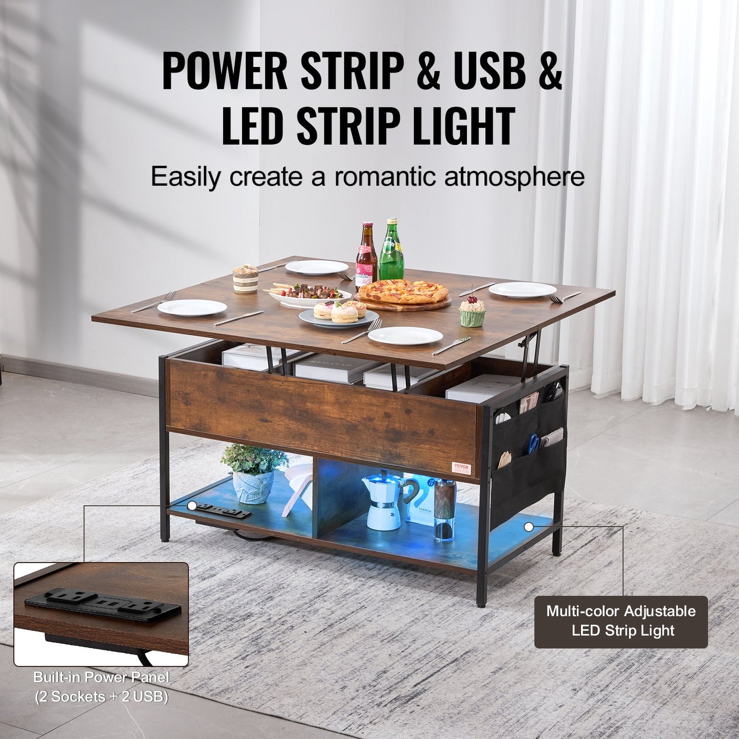 Lift Top Soffbord 39,4" rektangulärt soffbord med ljus & USB Brun