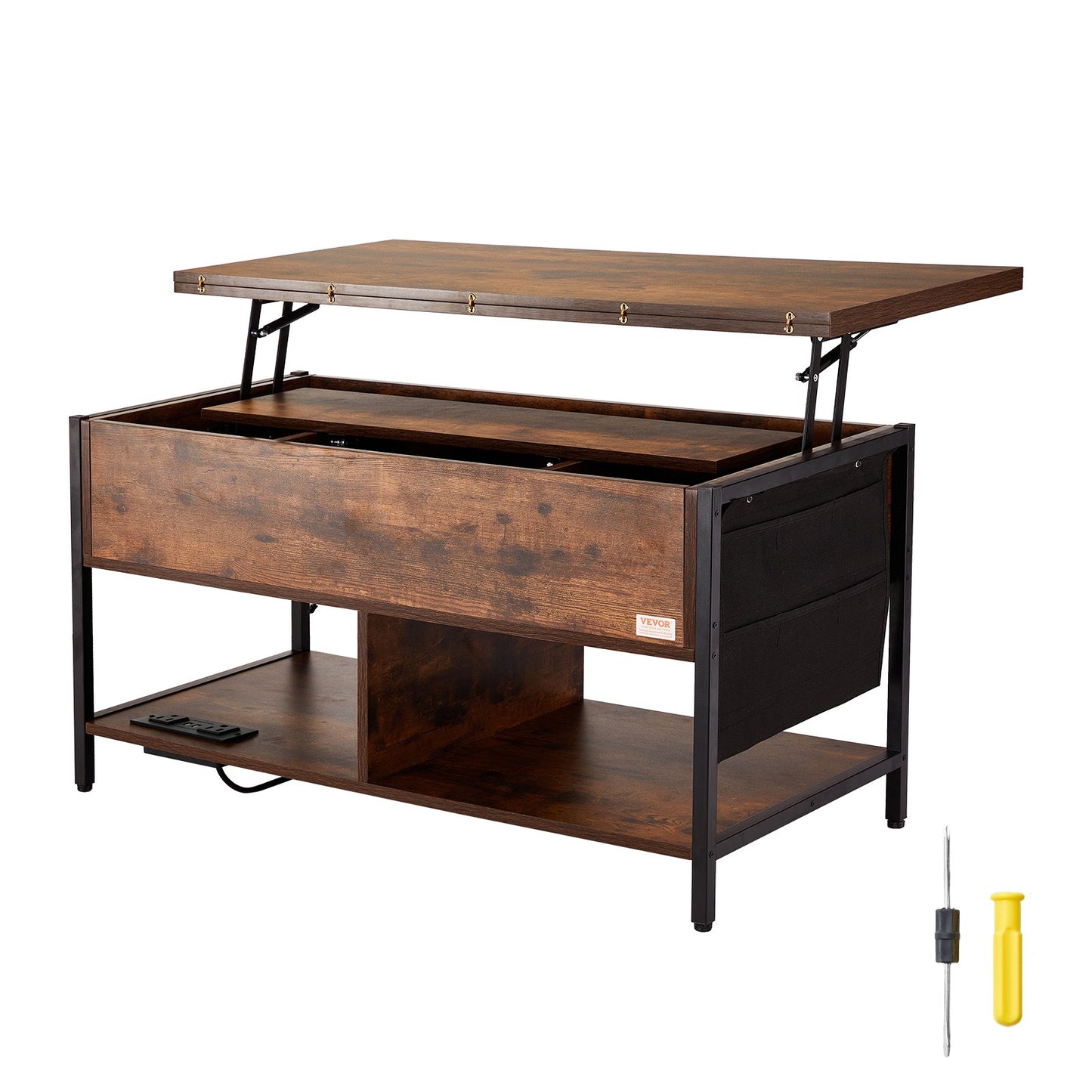 Lift Top Soffbord 39,4" rektangulärt soffbord med ljus & USB Brun
