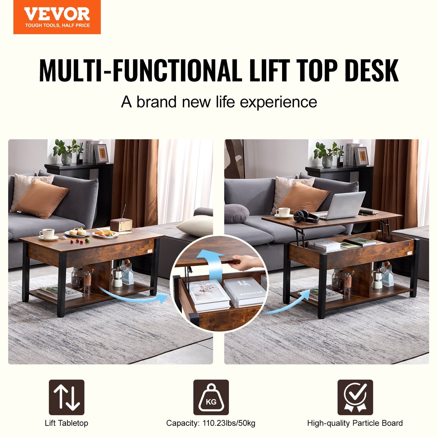 Lift Top Soffbord 41,7" rektangulärt Soffbord för Vardagsrum Brun