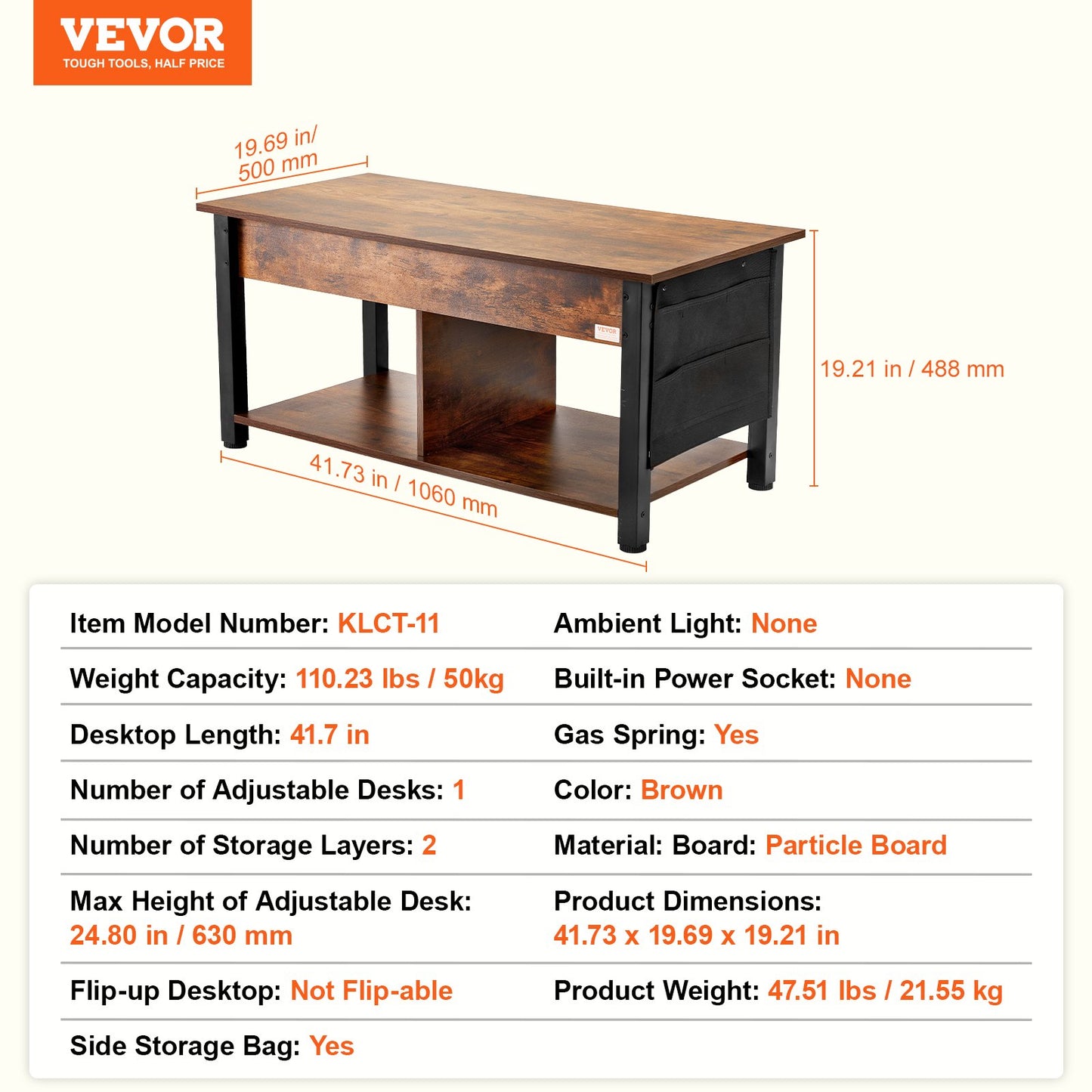 Lift Top Soffbord 41,7" rektangulärt Soffbord för Vardagsrum Brun