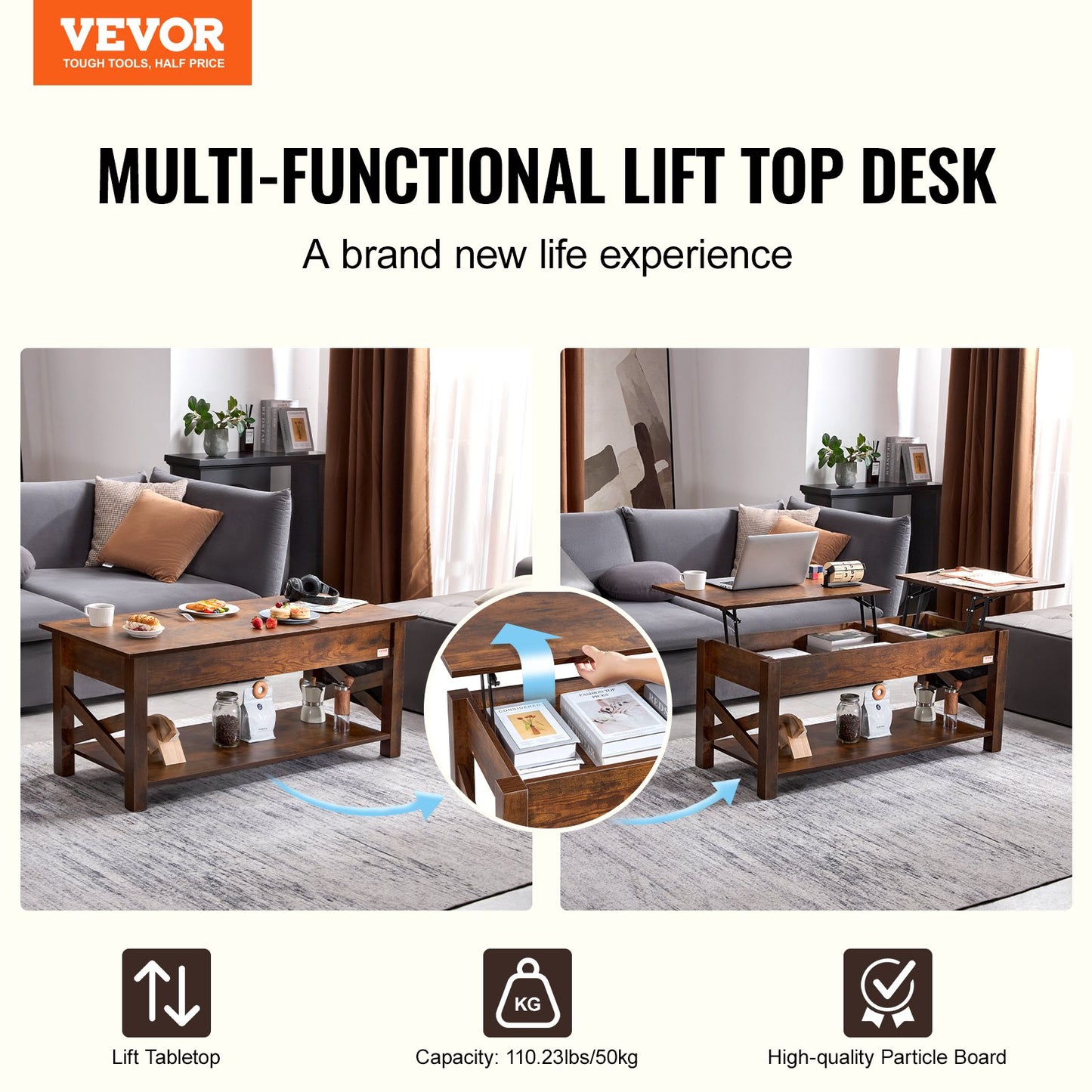 Lift Top Soffbord 47,5" rektangulärt Soffbord för Vardagsrum Brun
