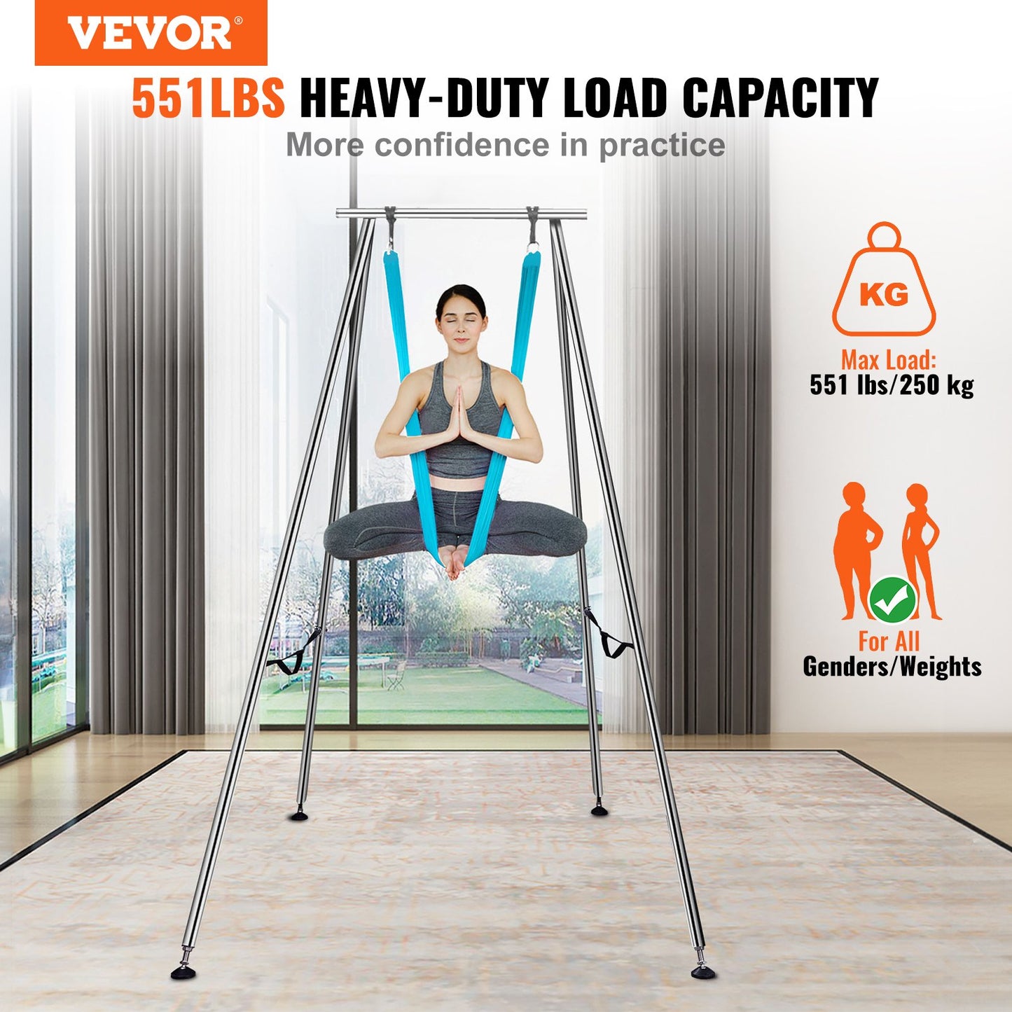 Aerial Yoga Frame & Yoga Hammock, 9.67 ft Height Professional Yoga Swing Stand Comes with 13.1 Yards Aerial Hammock, Max 551.15 lbs Load Capacity Yoga Rig for Indoor Outdoor Aerial Yoga, Blue