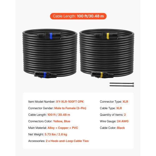 XLR-kabel 30,48 m, 2-pack, skärmad balanserad DMX-hane till hona-mikrofonkablar, guldpläterad 3-polig XLR-mikrofonhögtalarkabel, för scenbelysning, mikrofoner, förstärkare, mixer, högtalarsystem | EU