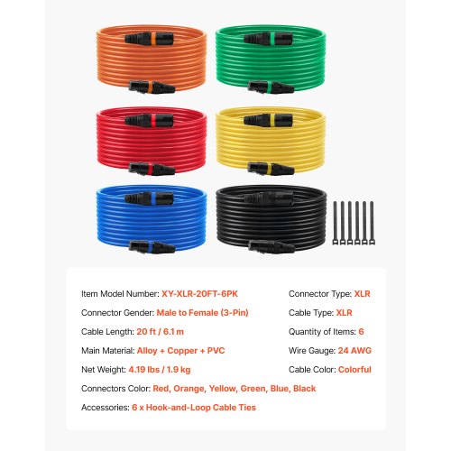 XLR-kabel 6,1 m, 6-pack, skärmade balanserade DMX-hane-till-hona-mikrofonkablar, guldpläterade 3-poliga XLR-mikrofonhögtalarkablar, för scenbelysning, mikrofoner, förstärkare, mixer, högtalarsystem | EU