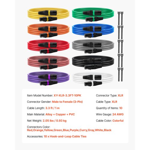 XLR-kabel 1 m, 10-pack, skärmad balanserad DMX-hane till hona-mikrofonkablar, guldpläterade 3-poliga XLR-mikrofonhögtalarkablar, för scenbelysning, mikrofoner, förstärkare, mixer, högtalarsystem | EU