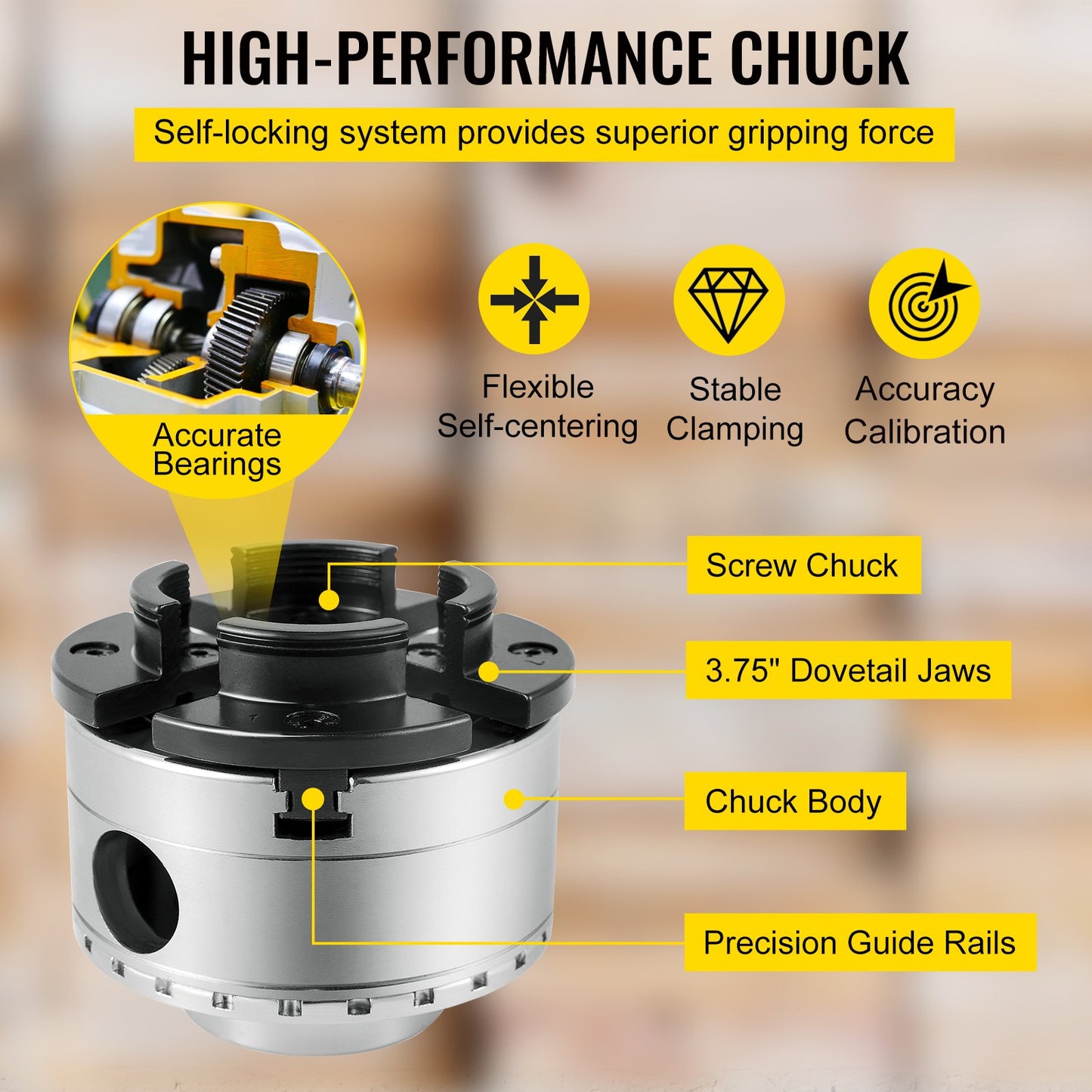 Lathe Chuck 3.75 Inch Wood Lathe Chuck 4 Jaw Lathe Chuck Set Nova Lathe Chuck Wood Lathe Bowl Chuck with Quality Accessories Bevel Gear and a Case for Woodworking