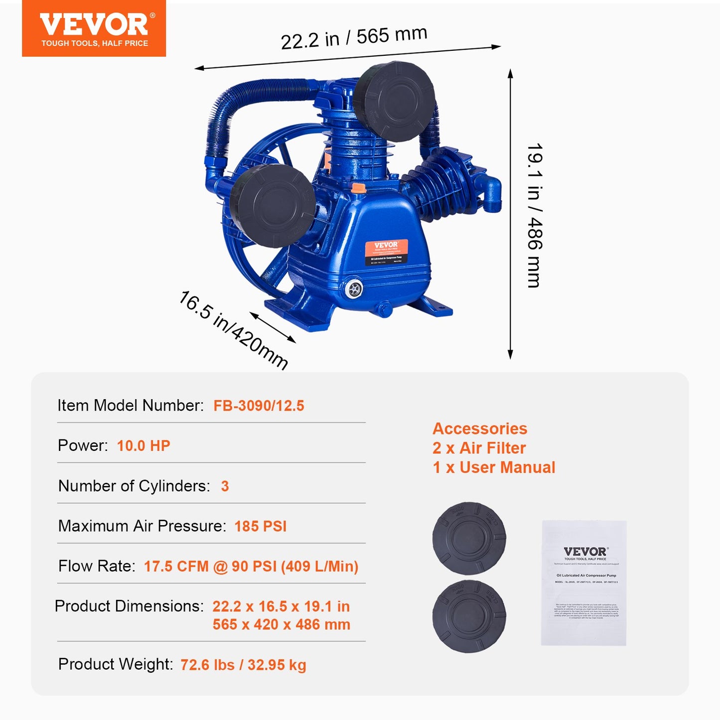 Luftkompressorpumphuvud 10HP 17.5CFM @ 90PSI 3-cylindrig kolvpumphuvud