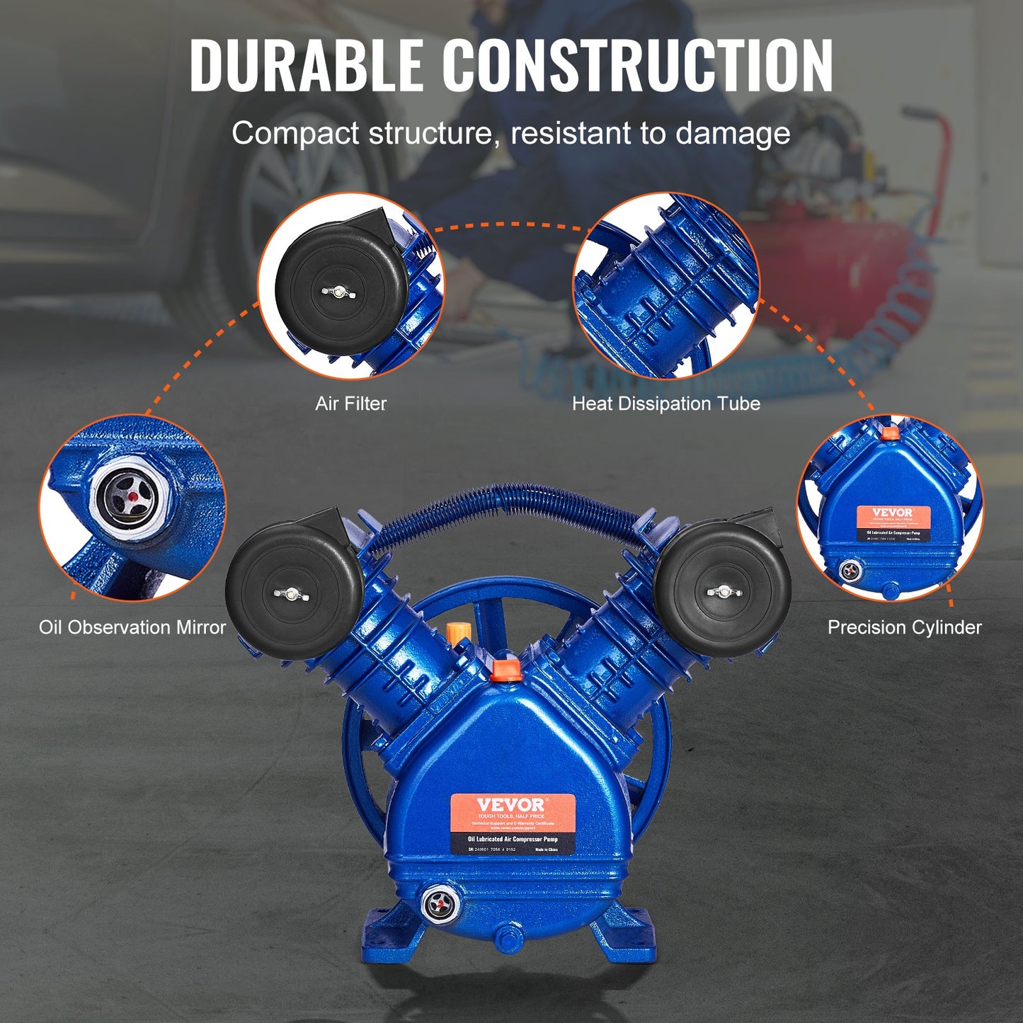Luftkompressorpumphuvud 3HP 6.25CFM @ 90PSI 2-cylindrig kolvpumphuvud