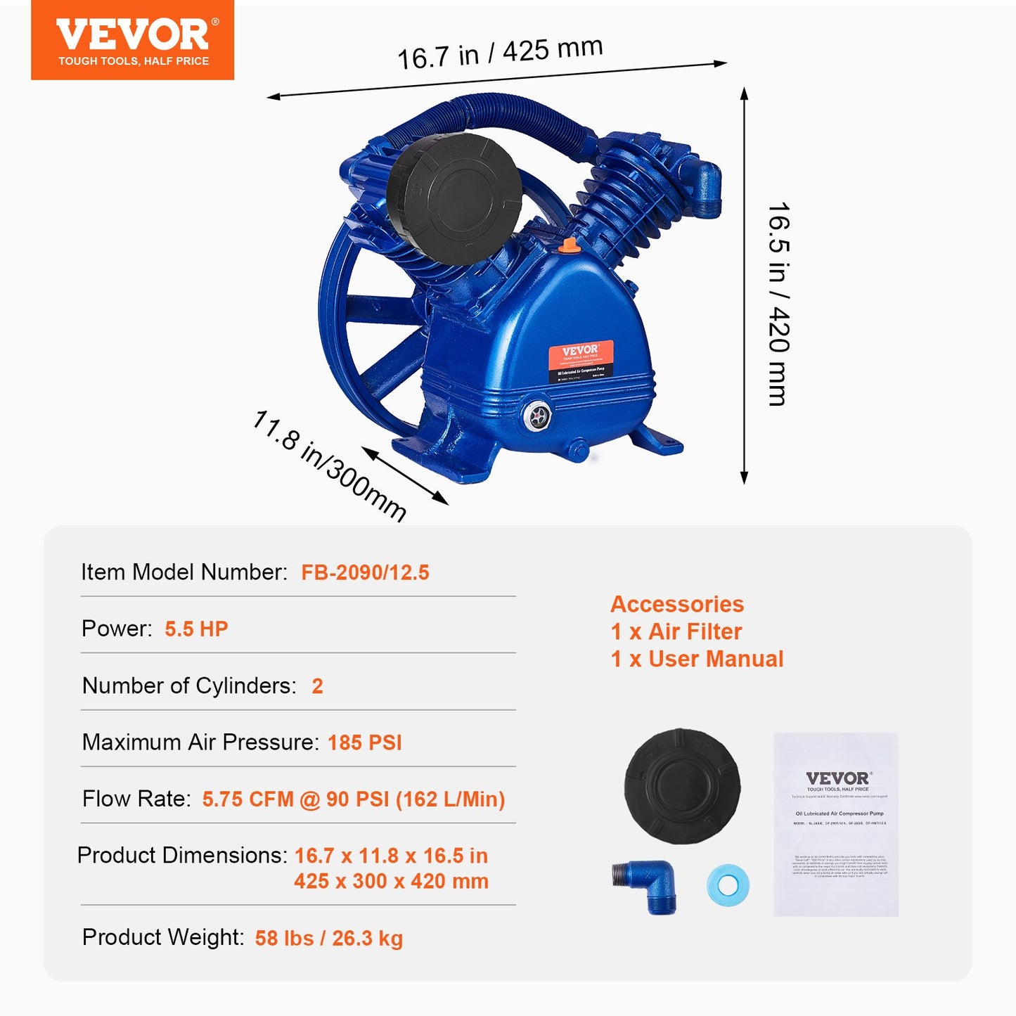 Luftkompressorpumphuvud 5.5HP 5.75CFM @ 90PSI 2-cylindrig kolvpumphuvud