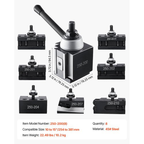 Snabbväxlingsverktygssats, 8 delar, Inkluderar svarvhållare, Kilverktygsstolpe med tillbehör till svarvverktygshållare, För minisvarv och metallsvarv 254-381 mm (10"-15") Svänghjul, Slitstarkt stålmaterial | EU
