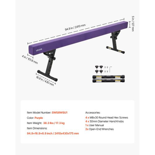 Justerbar Balansbom för Barn, 2,4 m Gymnastikbom, Höga och Låga Golvbalkar med 5 Justerbara Höjder för Alla Gymnastiknivåer, Professionell Gymnastikutrustning för Hemma och Gym, Lila | EU