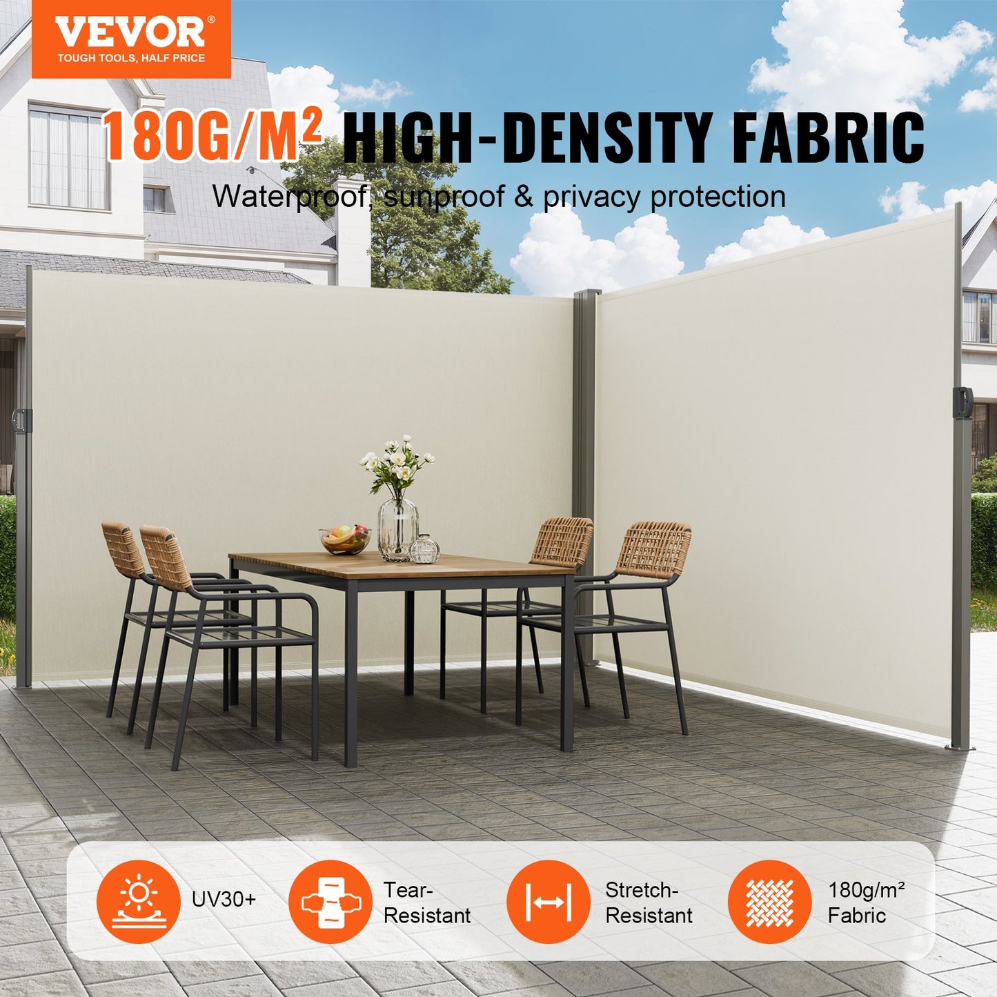 Infällbar sidomarkis, 79''x 236'' Outdoor Privacy Screen, 180g polyester Vattentät infällbar uteplatsskärm, UV 30+ rumsavdelare vindskärm för uteplats, bakgård, balkong, beige