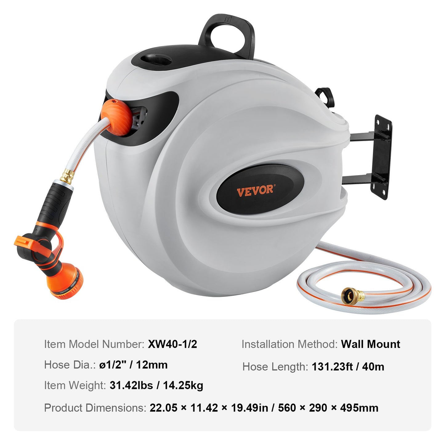 Retractable Garden Hose Reel 1/2 inch x 131.23 ft. Wall Mounted Hose Reel