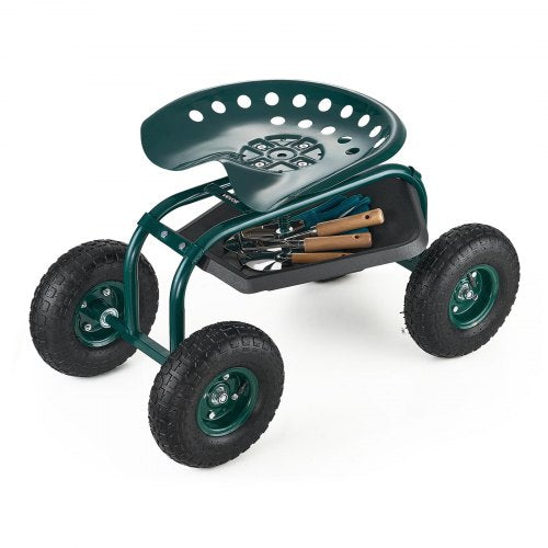Rolling garden cart with swivel seat and all-terrain wheels, toolbox 136 kg
