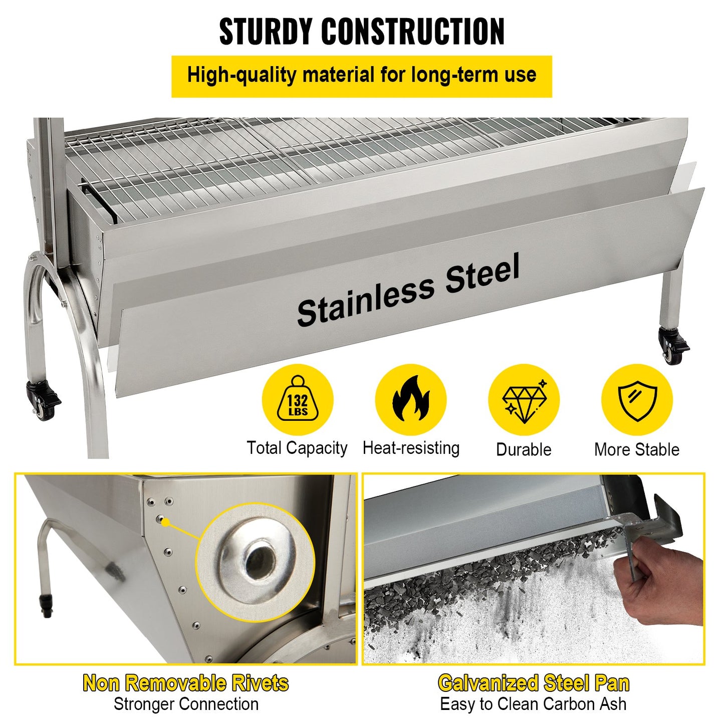 Rotisserie Grill, 132 lbs Capacity, Stainless Steel Pig Lamb Spit Grill Roast, Roasting Box with 40W Motor & Adjustable Height & Lockable Wheels for Outdoor Camping Party Campfire Grill