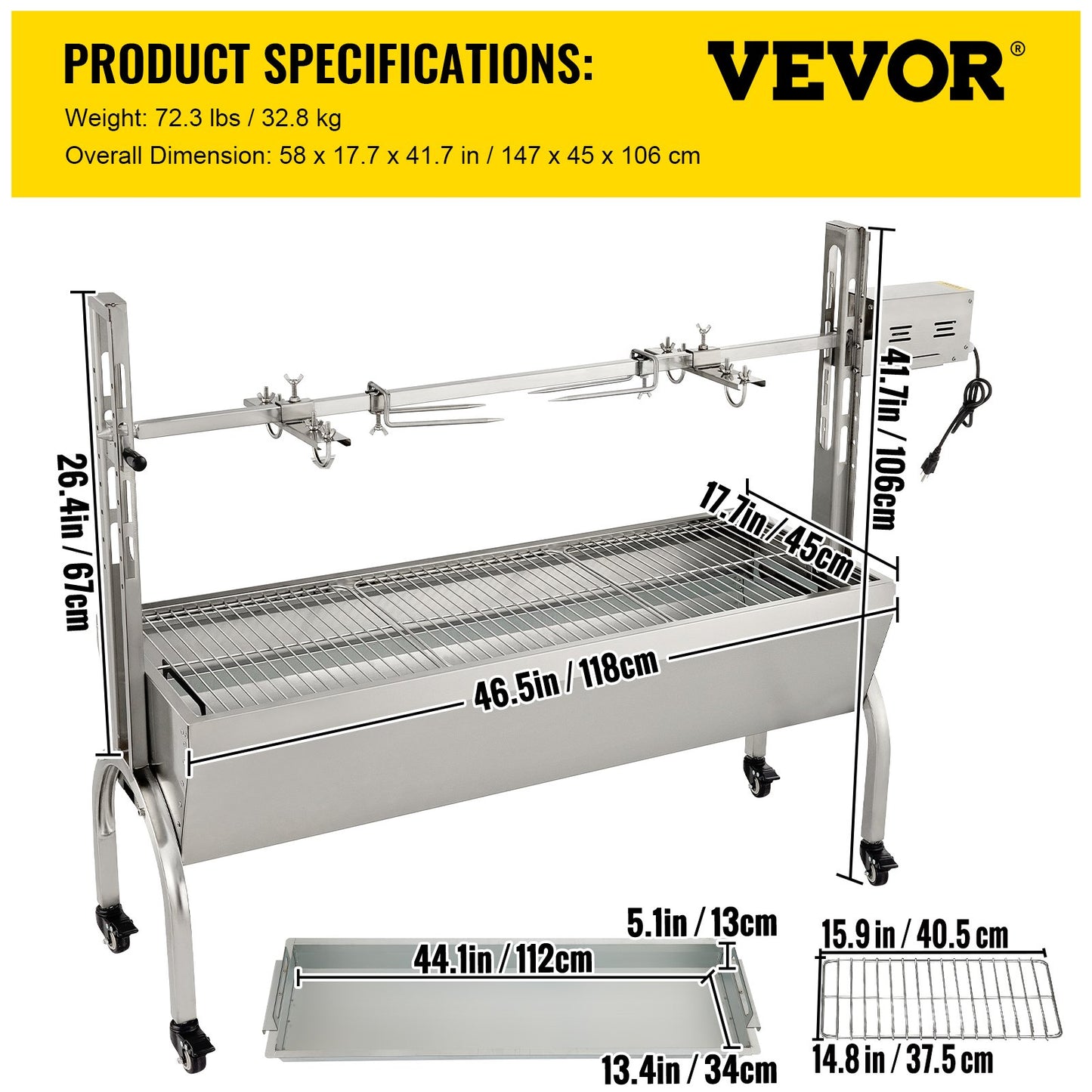 Rotisserie Grill, 132 lbs Capacity, Stainless Steel Pig Lamb Spit Grill Roast, Roasting Box with 40W Motor & Adjustable Height & Lockable Wheels for Outdoor Camping Party Campfire Grill