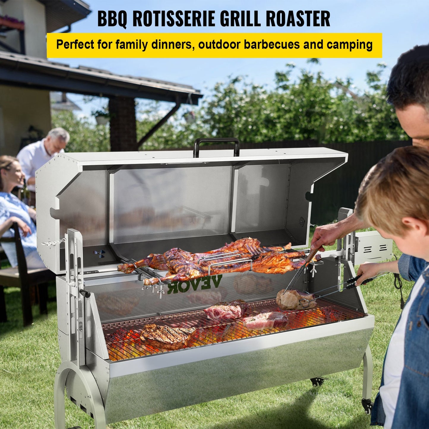 Lamb Rotisserie, 132lbs kapacitet, rostfritt stål Grisspett grillstek, med 40W motor & justerbar höjd Låsbara hjul och baffelskydd för utomhuscamping fest lägereld grill