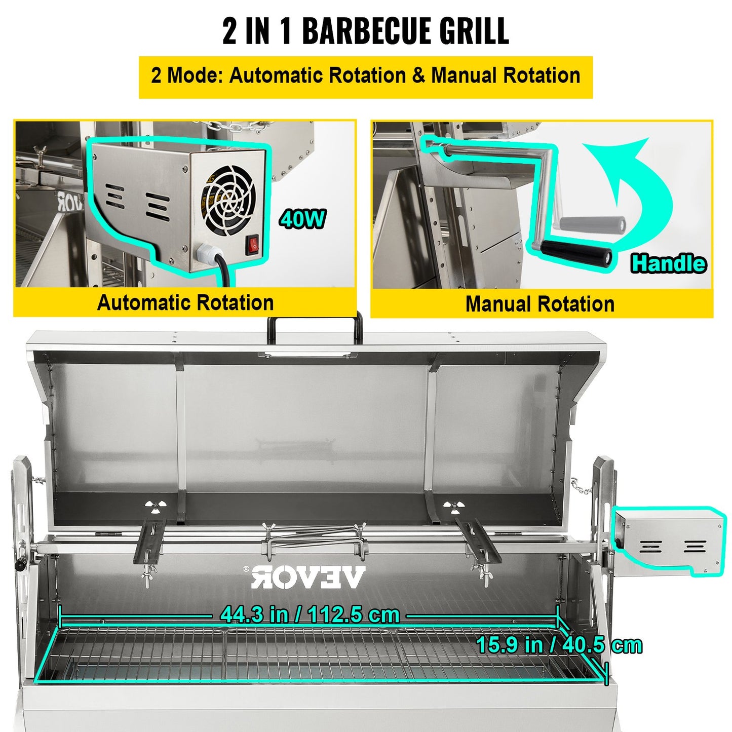 Lamb Rotisserie, 132lbs kapacitet, rostfritt stål Grisspett grillstek, med 40W motor & justerbar höjd Låsbara hjul och baffelskydd för utomhuscamping fest lägereld grill
