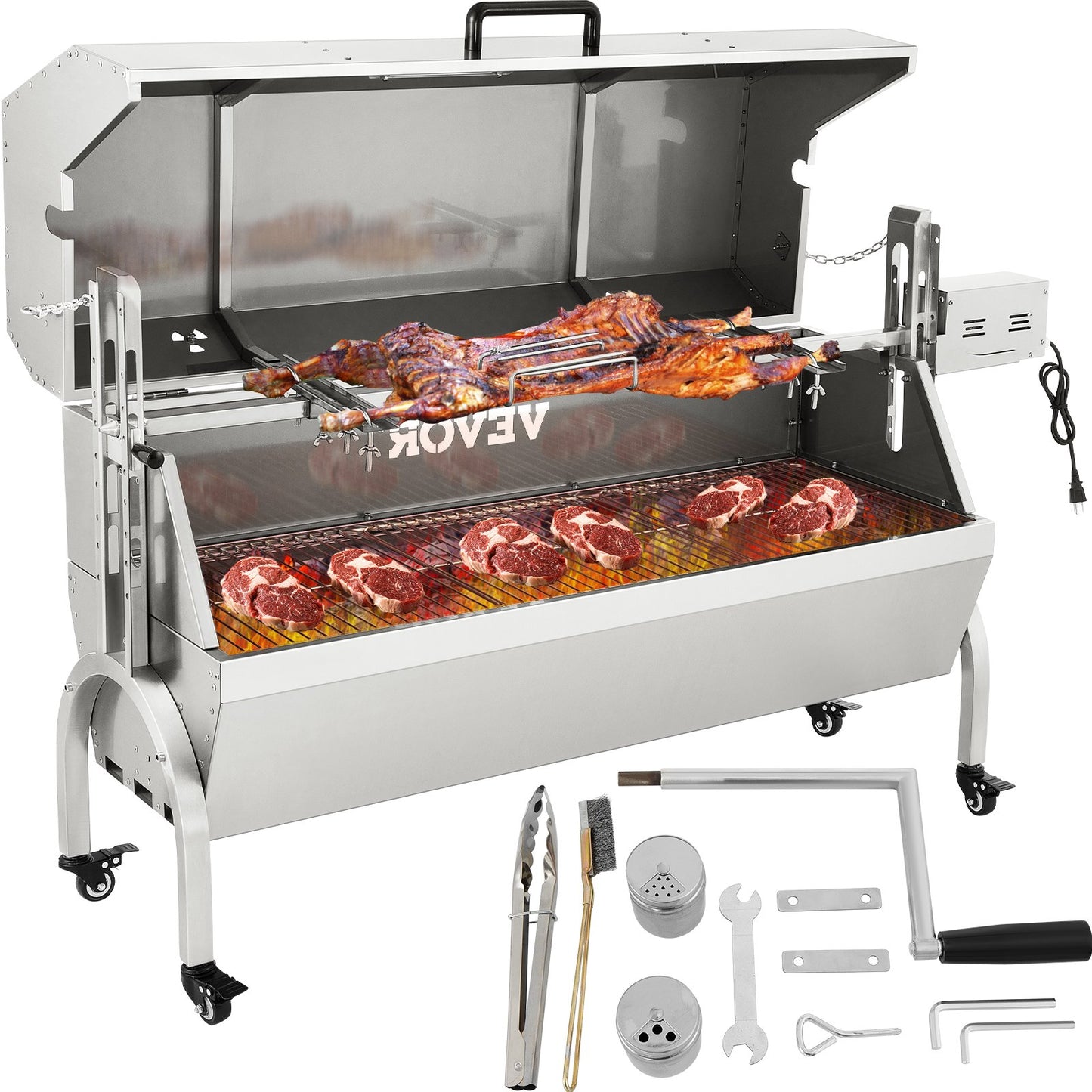 Lamb Rotisserie, 132lbs kapacitet, rostfritt stål Grisspett grillstek, med 40W motor & justerbar höjd Låsbara hjul och baffelskydd för utomhuscamping fest lägereld grill
