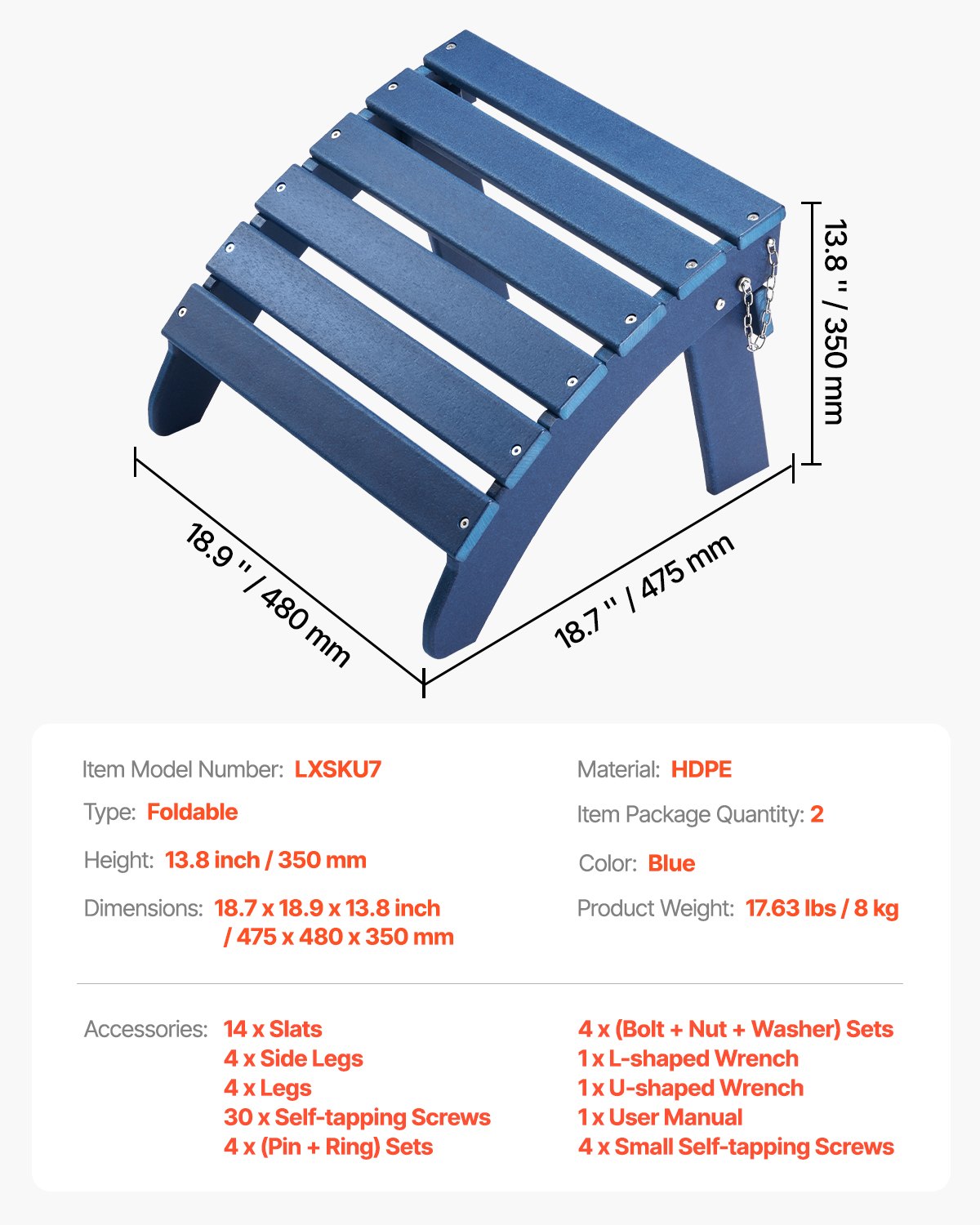Adirondack Ottoman 2 set 18.7L x 18.9W x 13.8H inches HDPE Footrest Blue