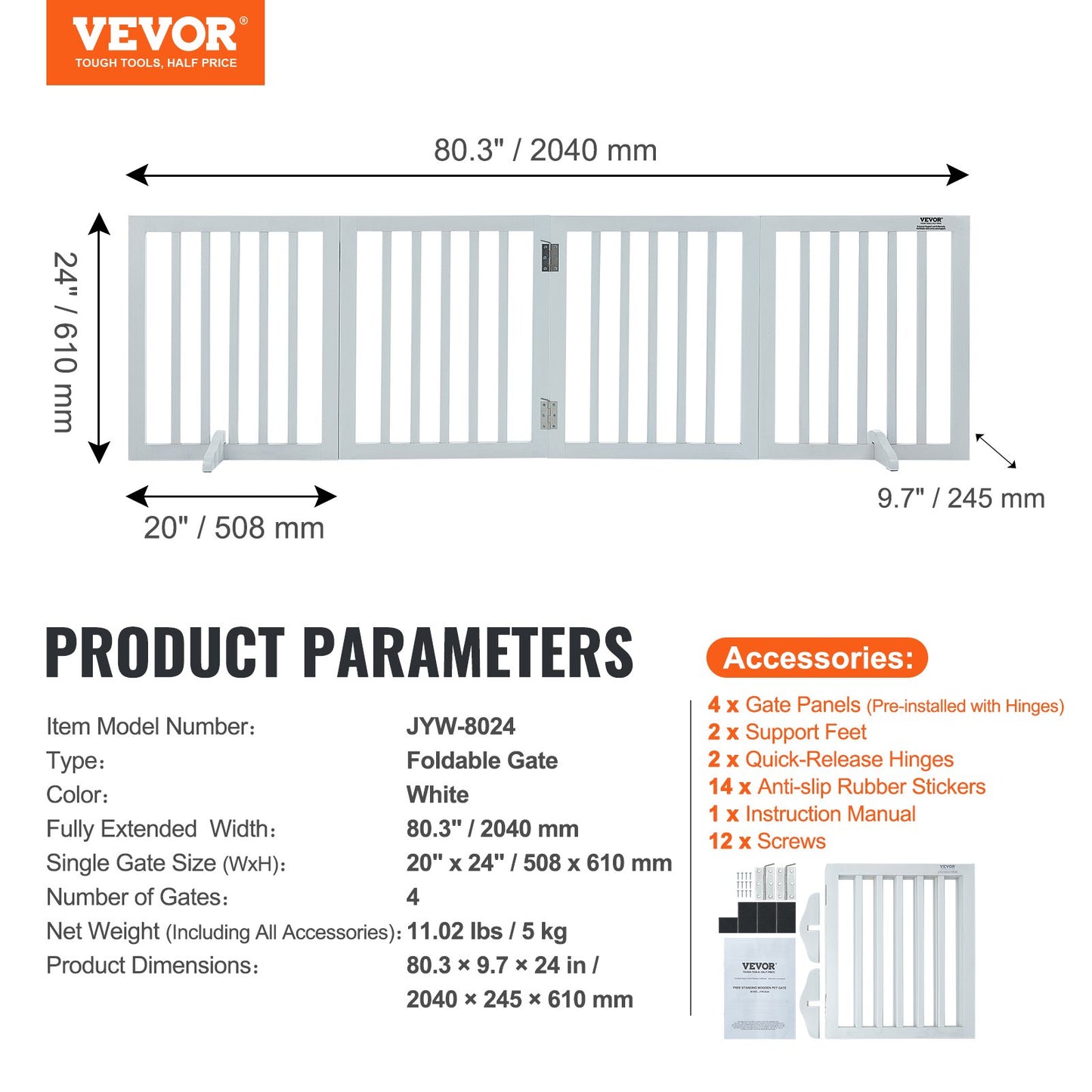 Fristående Dog Gate 24x80,3 tum Fristående Pet Gate Vikbar Vit