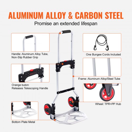 Folding Hand Truck, 176 lbs lastkapacitet, bärbar aluminiumvagn, Cabriolet Handtruck och Dolly med teleskophandtag och gummihjul, Ultralätt superstark för att flytta lager | EU