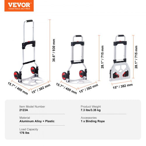 Folding Hand Truck, 176 lbs lastkapacitet, bärbar aluminiumvagn, Cabriolet Handtruck och Dolly med teleskophandtag och gummihjul, Ultralätt superstark för att flytta lager | EU