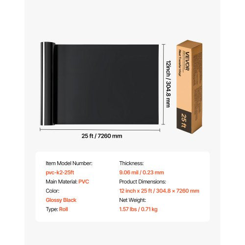 Värmeöverföringsvinyl HTV Strykvinylrulle 304,8 x 7260 mm Glansig svart | EU