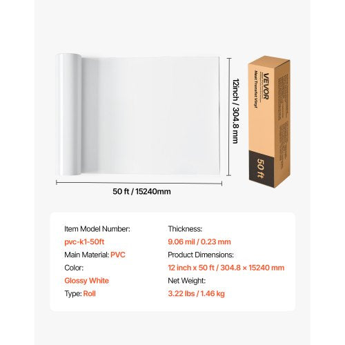 Värmeöverföringsvinyl HTV Strykvinylrulle 304,8 x 15240 mm Glansig vit | EU