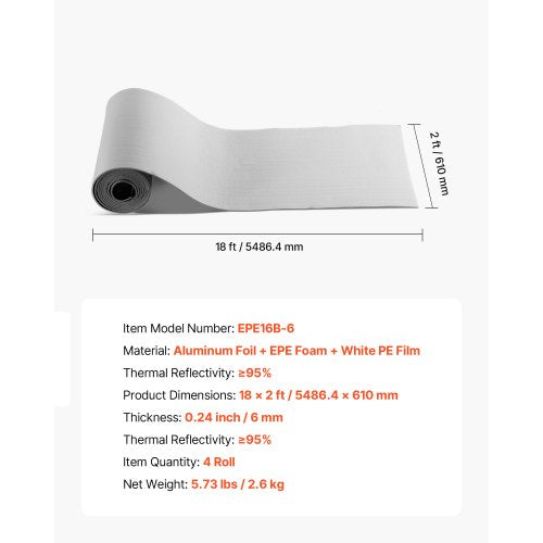 Reflekterande Isoleringsrulle, Värmeisoleringskit för Garageportar för 2 Bilar, 6 mm 5,49 m x 0,61 m, 4 Rullar Aluminiumfolie EPE Skumkärna Strålningsbarriär, Vit PE-Film Värmesköld för Garageportar | EU